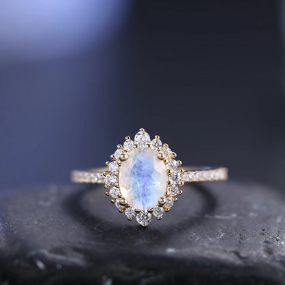 Choosen Jewelry: Milky Blue Moonstone Cluster Halo Engagement Ring in 925 Sterling Silver