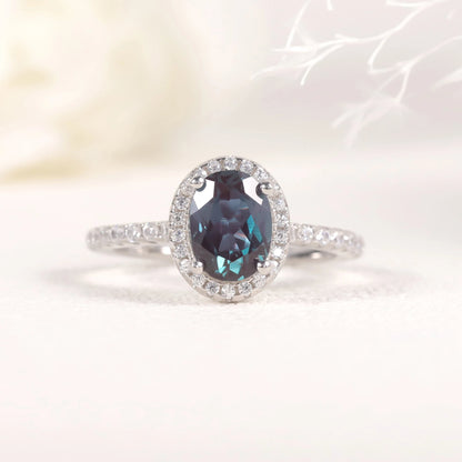 Oval Halo Lab Alexandrite Engagement Ring - 925 Sterling Silver - Choosen Jewelry