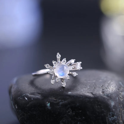 Choosen Jewelry: Snowflake Rainbow Moonstone Engagement Ring - 925 Sterling Silver, Adjustable, June Birthstone