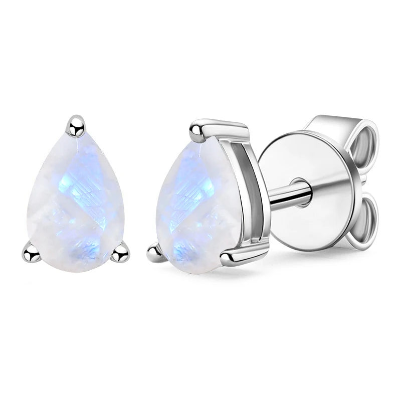 Choosen Jewelry: Pear-Shaped Milky Blue Moonstone Stud Earrings in 925 Sterling Silver, June Birthstone