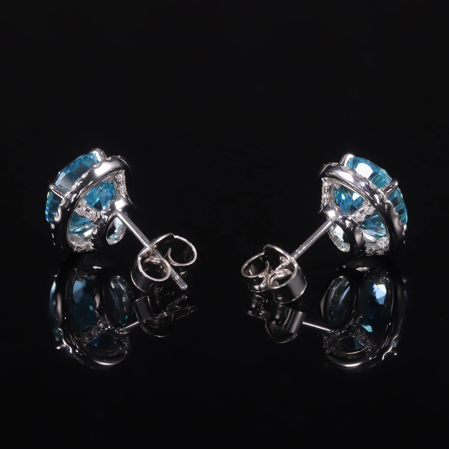 Choosen Jewelry: 925 Sterling Silver Aqua Blue Halo Stud Earrings with Oval Diamond-fire CZ