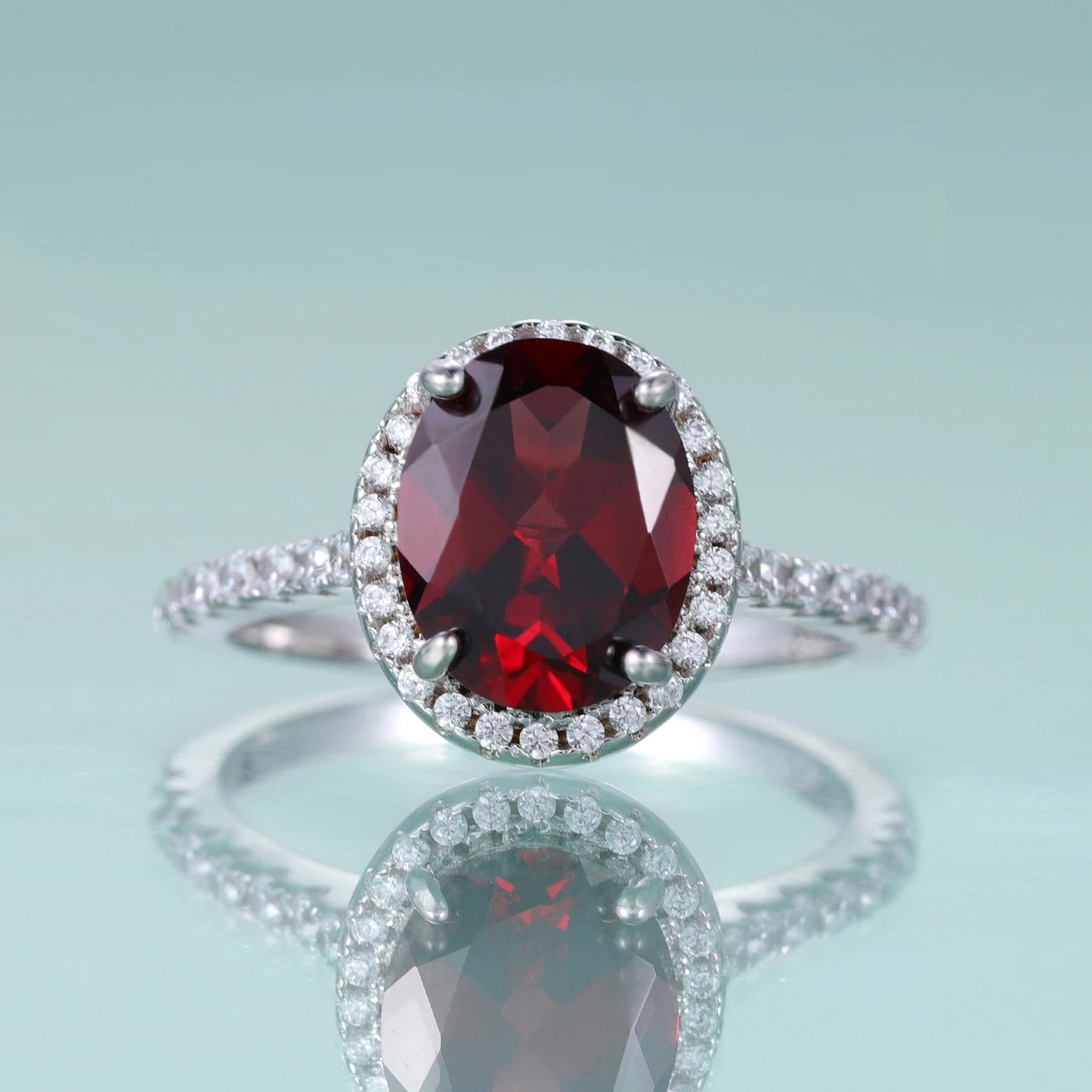 Oval Garnet Halo Engagement Ring with CZ Accents - Choosen Jewelry 925 Sterling Silver