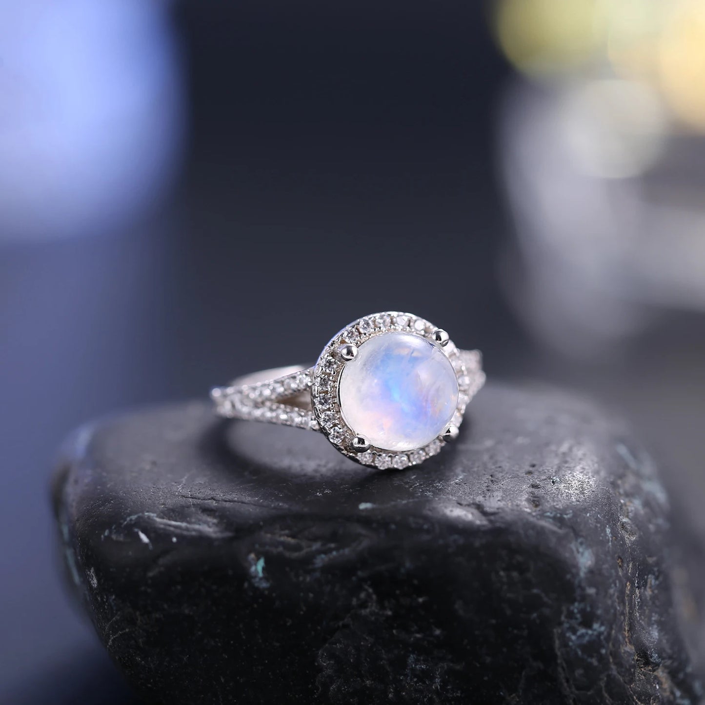 Natural Rainbow Moonstone Halo Engagement Ring - 925 Sterling Silver | Choosen Jewelry