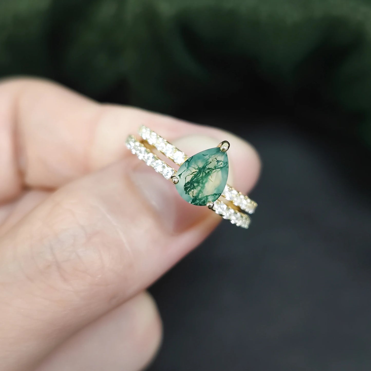 Pear Cut Moss Agate Engagement Ring Set in Gold - 925 Sterling Silver, with Round Cut CZ Side Stones, Moss Agate Promise Ring Set for Women