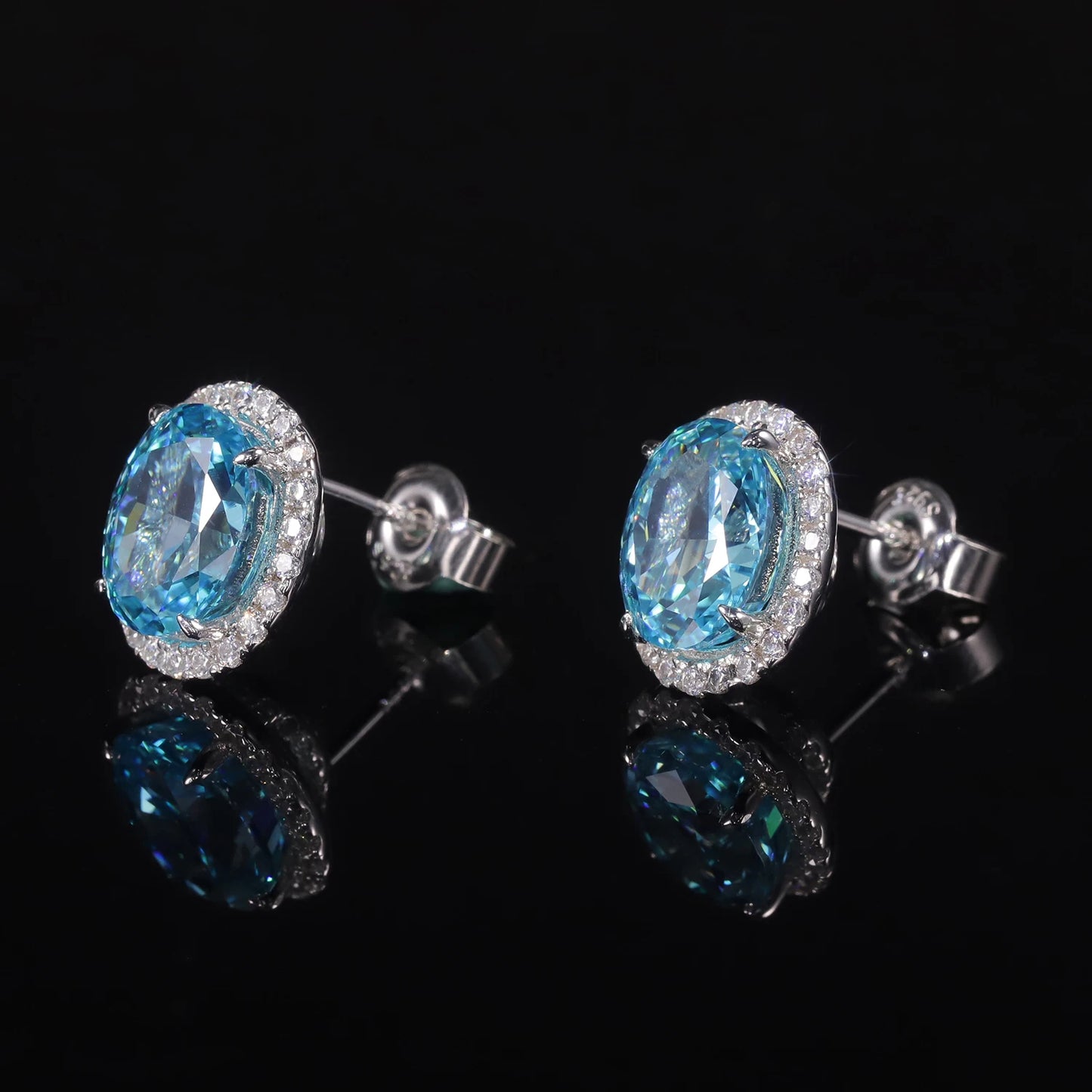 Choosen Jewelry: 925 Sterling Silver Aqua Blue Halo Stud Earrings with Oval Diamond-fire CZ