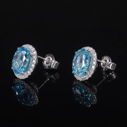 Choosen Jewelry: 925 Sterling Silver Aqua Blue Halo Stud Earrings with Oval Diamond-fire CZ