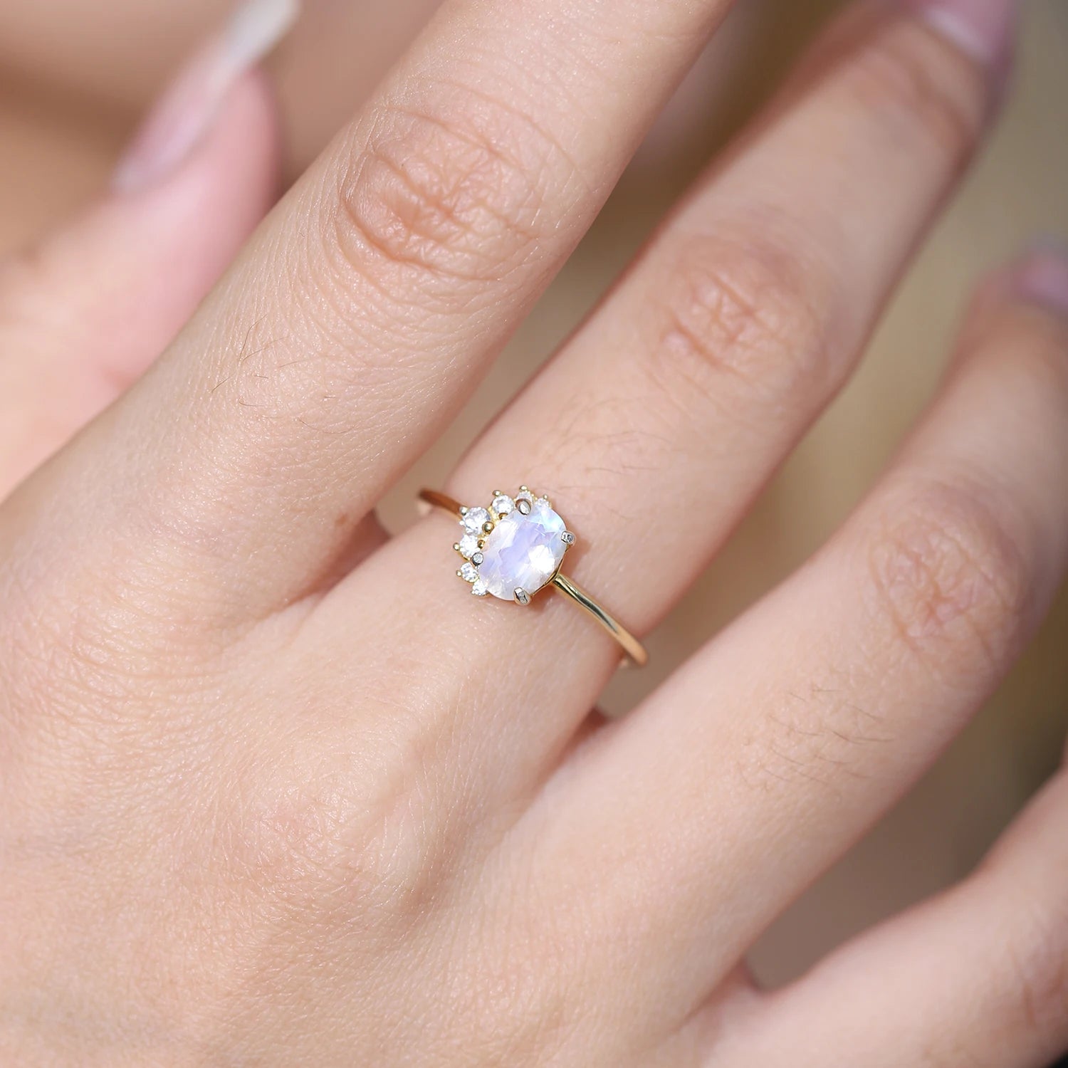 925 Sterling Silver Oval Milky Blue Moonstone Ring - Half Moon Crescent Cluster Halo Engagement Ring for Women - Elegant and Unique Design