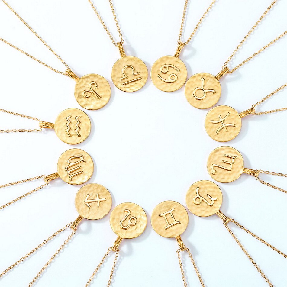 Zodiac Sign Coin Necklace, 12 Constellation Pendant, 10K Gold Plated