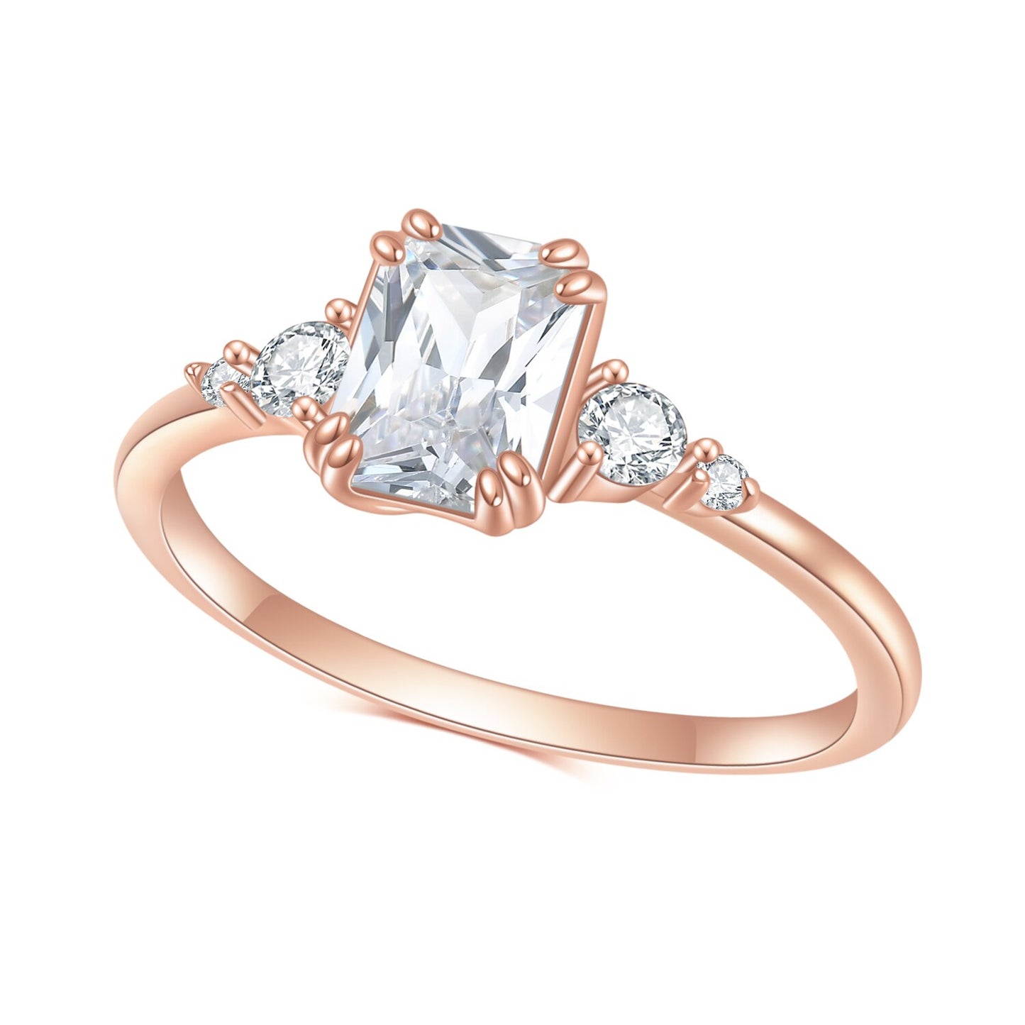 Emerald Cut Moissanite Cluster Ring, Rose Gold Plated