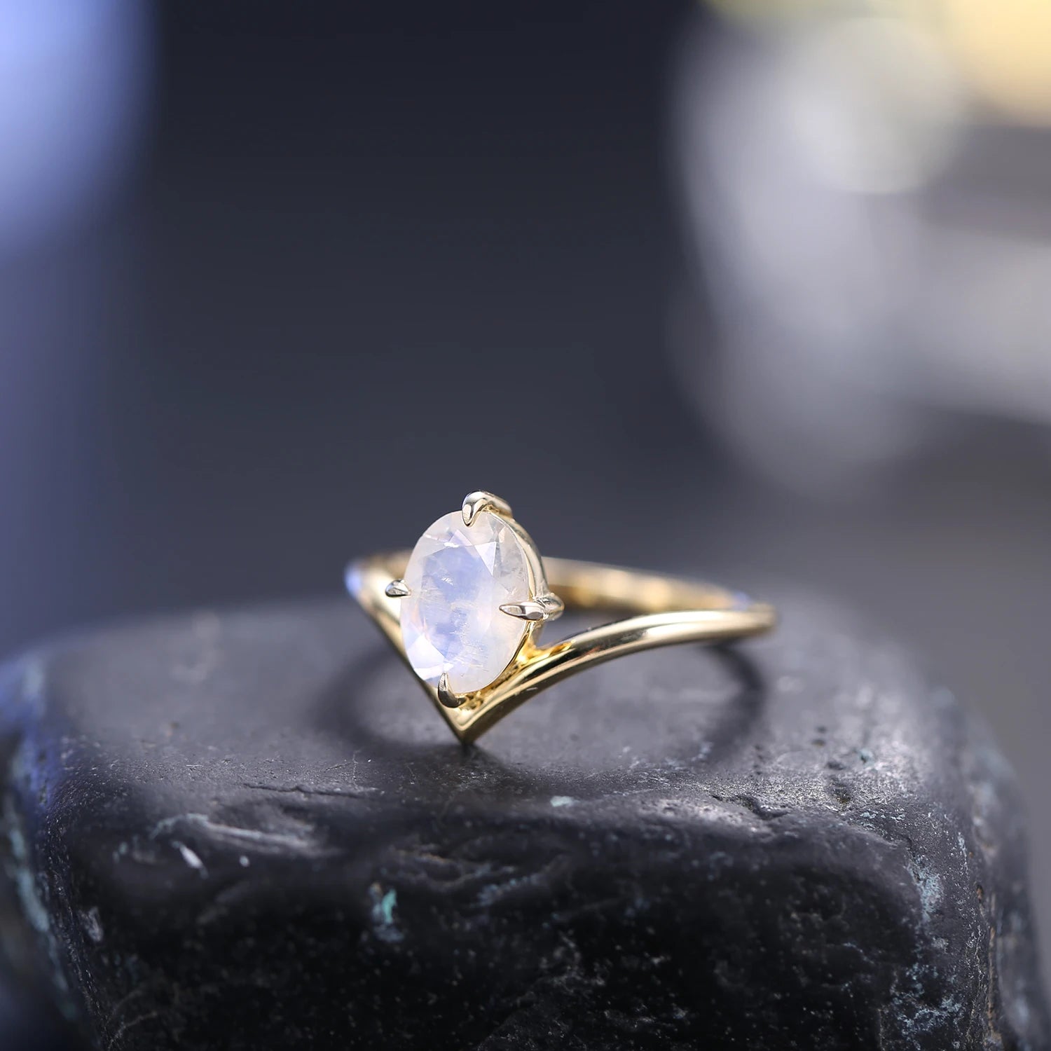 Moonstone Engagement Ring: 925 Sterling Silver Curved Band by Choosen Jewelry