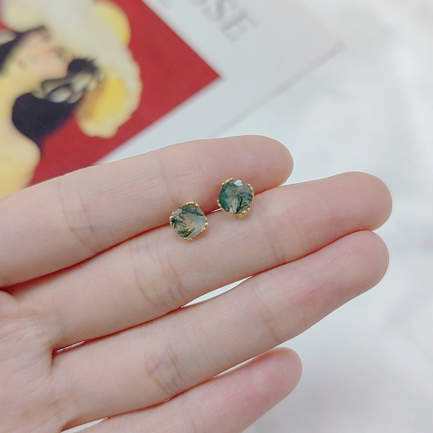 1.0Ct 6mm Round Moss Agate Stud Earrings