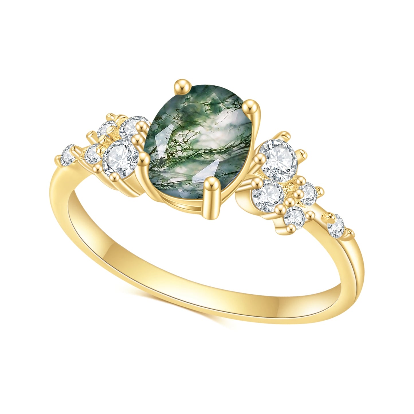 Oval Cut Moss Agate Cluster Engagement Ring, Yellow Gold Plated