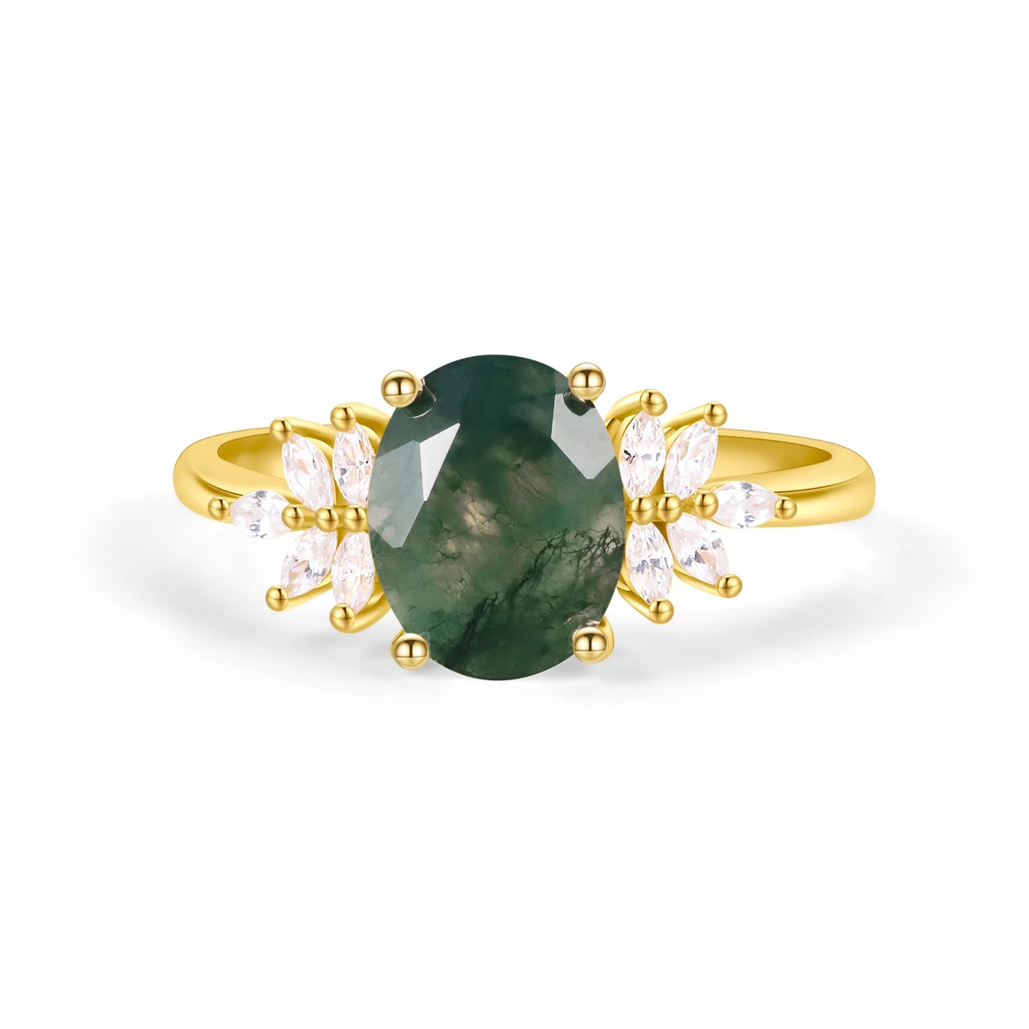 Oval Cut Moss Agate Halo Engagement Ring Set in Gold - 925 Sterling Silver, with Marquise and Round Cut CZ Side Stones, Moss Agate Curved Promise Ring Set for Women