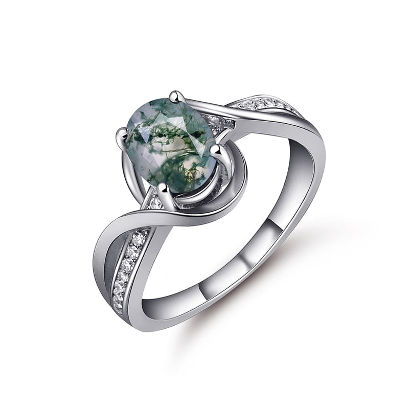 Oval Cut Moss Agate Twisted Ring