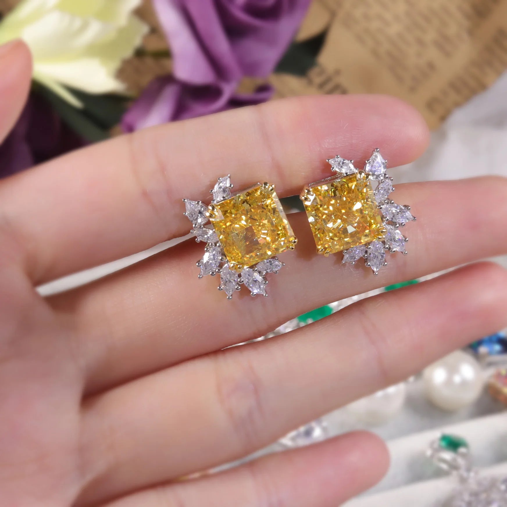 Choosen Jewelry: Vintage-Style Yellow CZ Stud Earrings in 925 Sterling Silver