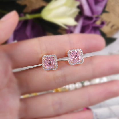 Choosen Jewelry: 925 Sterling Silver Pink CZ Diamond Halo Stud Earrings - Luxury Women's Gift