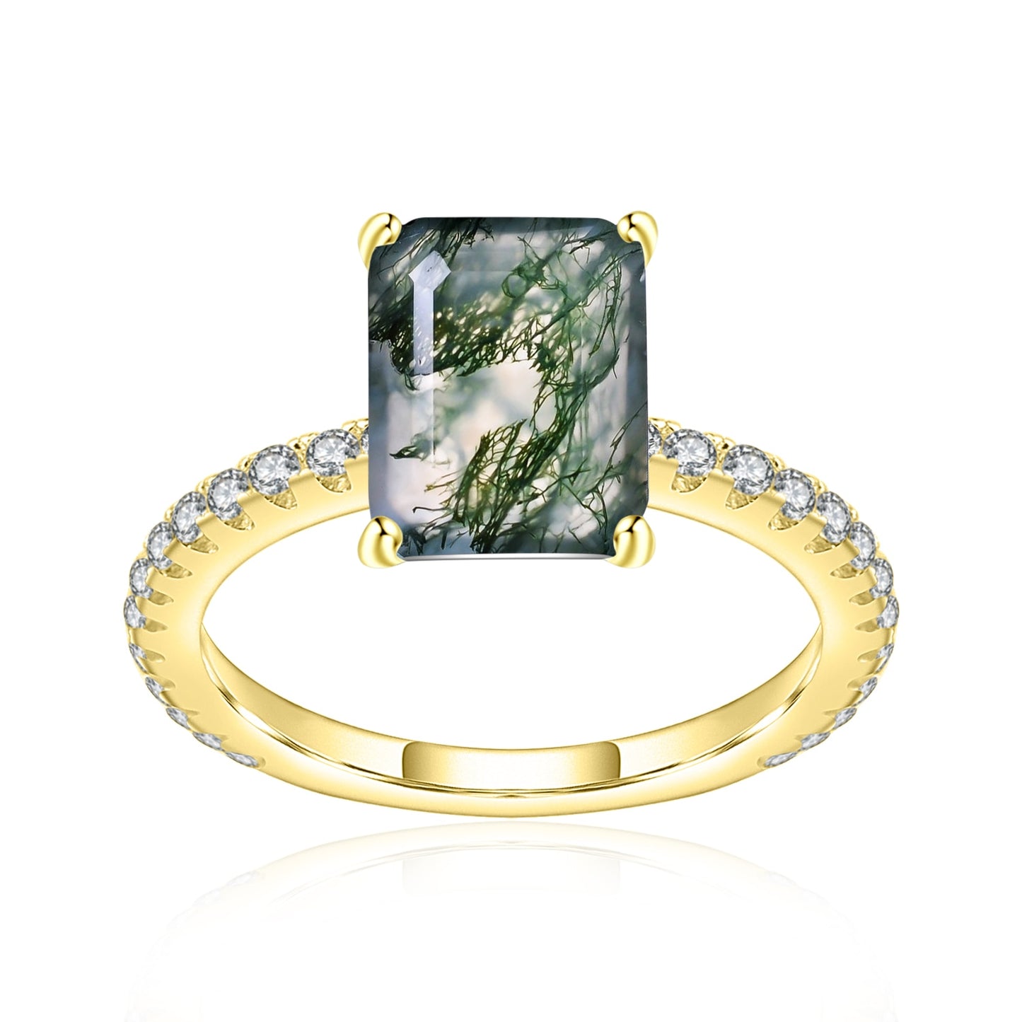 0.88Ct Octagon Cut Moss Agate Engagement Ring Pave Set in 925 Sterling Silver