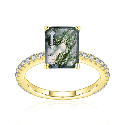 0.88Ct Octagon Cut Moss Agate Engagement Ring Pave Set in 925 Sterling Silver