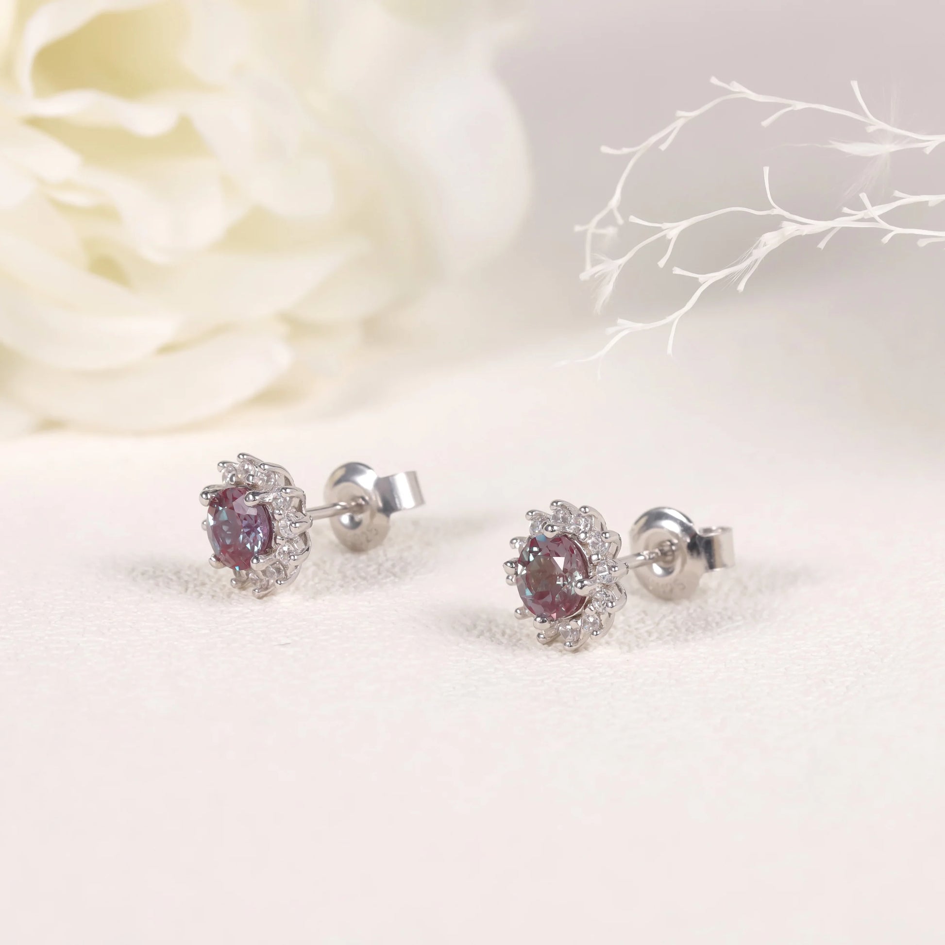 Color Changing Alexandrite Halo Stud Earrings - 925 Sterling Silver - Choosen Jewelry