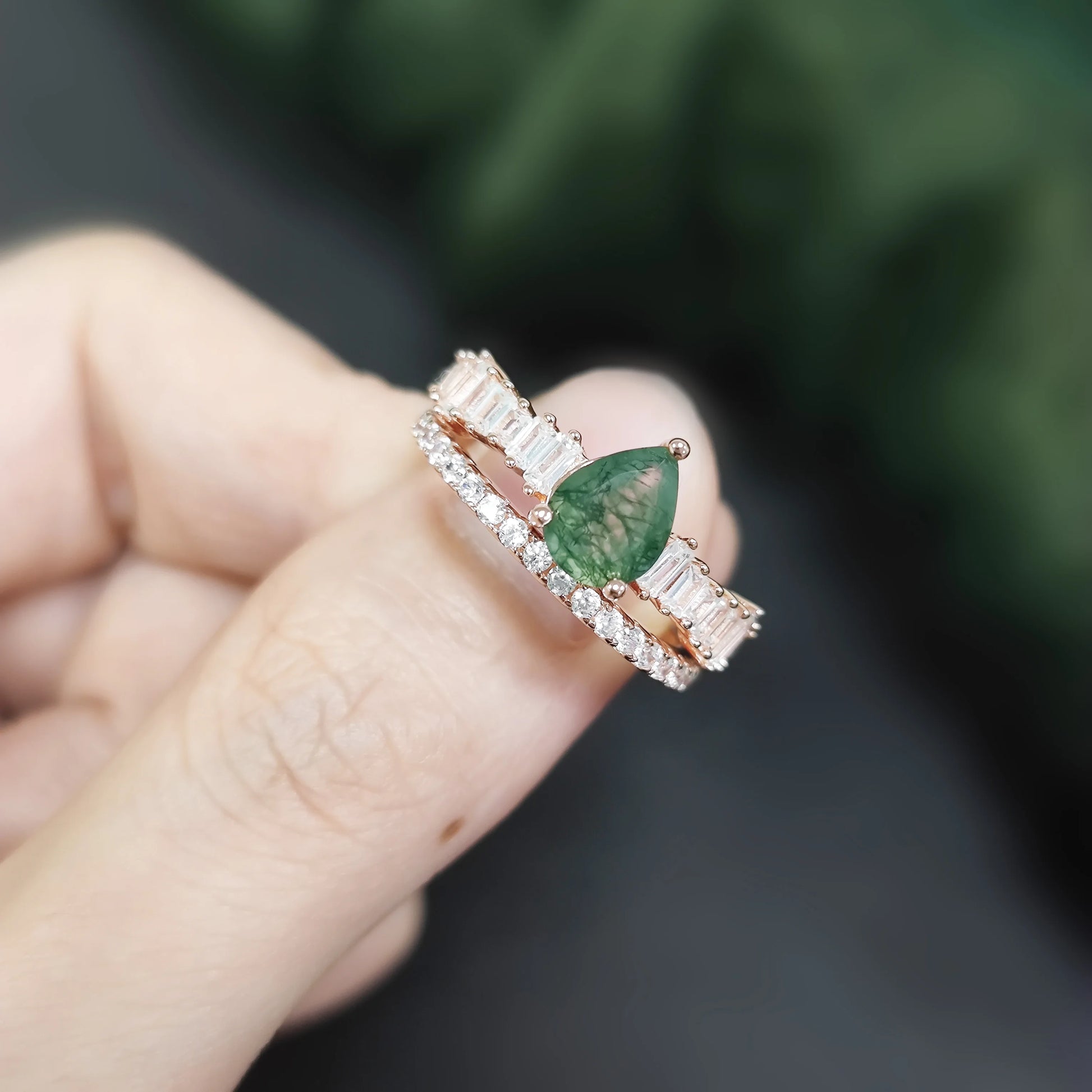 Pear Cut Moss Agate Pave Engagement Ring Set in Rose Gold - 925 Sterling Silver, with Emerald Cut CZ Side Stones, Moss Agate Promise Ring Set for Women