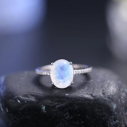 Elegant 8x10mm Moonstone Engagement Ring for Women, Promise Bridal Jewelry in 925 Sterling Silver, Perfect Gift for Her, Milky Blue Stone