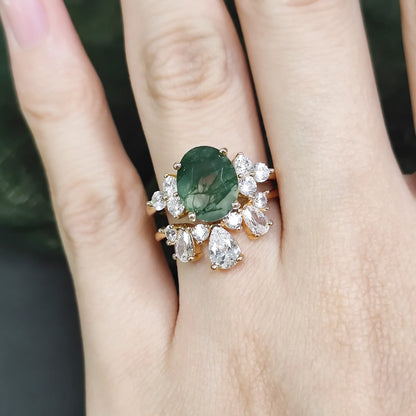 Oval Cut Moss Agate Halo Engagement Ring Set in Gold - 925 Sterling Silver, with Pear and Round Cut CZ Side Stones, Moss Agate Curved Promise Ring Set for Women