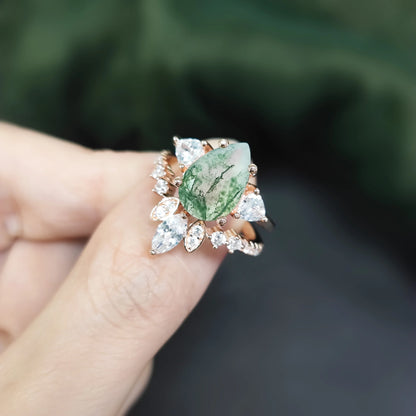 Pear Cut Moss Agate Pave Engagement Ring Set in Rose Gold - 925 Sterling Silver, with Trillion and Marquise Cut CZ Side Stones, Moss Agate Cluster Promise Ring Set for Women