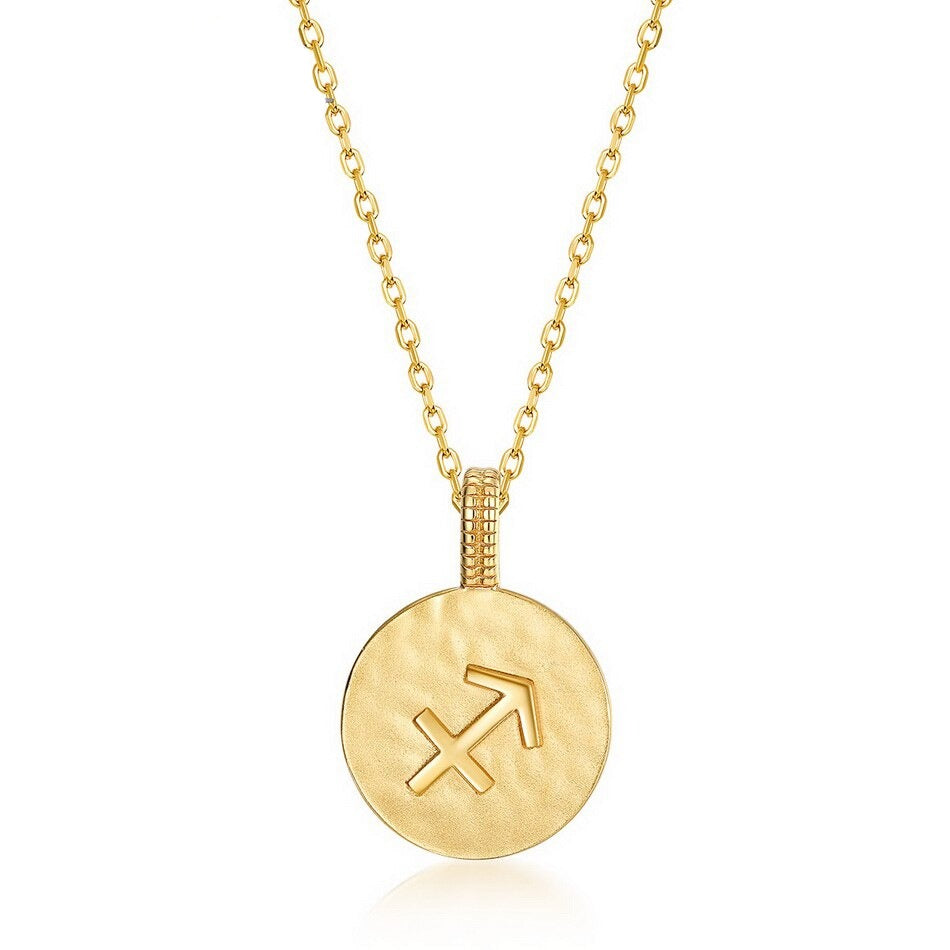 Zodiac Sign Coin Necklace, 12 Constellation Pendant, 10K Gold Plated