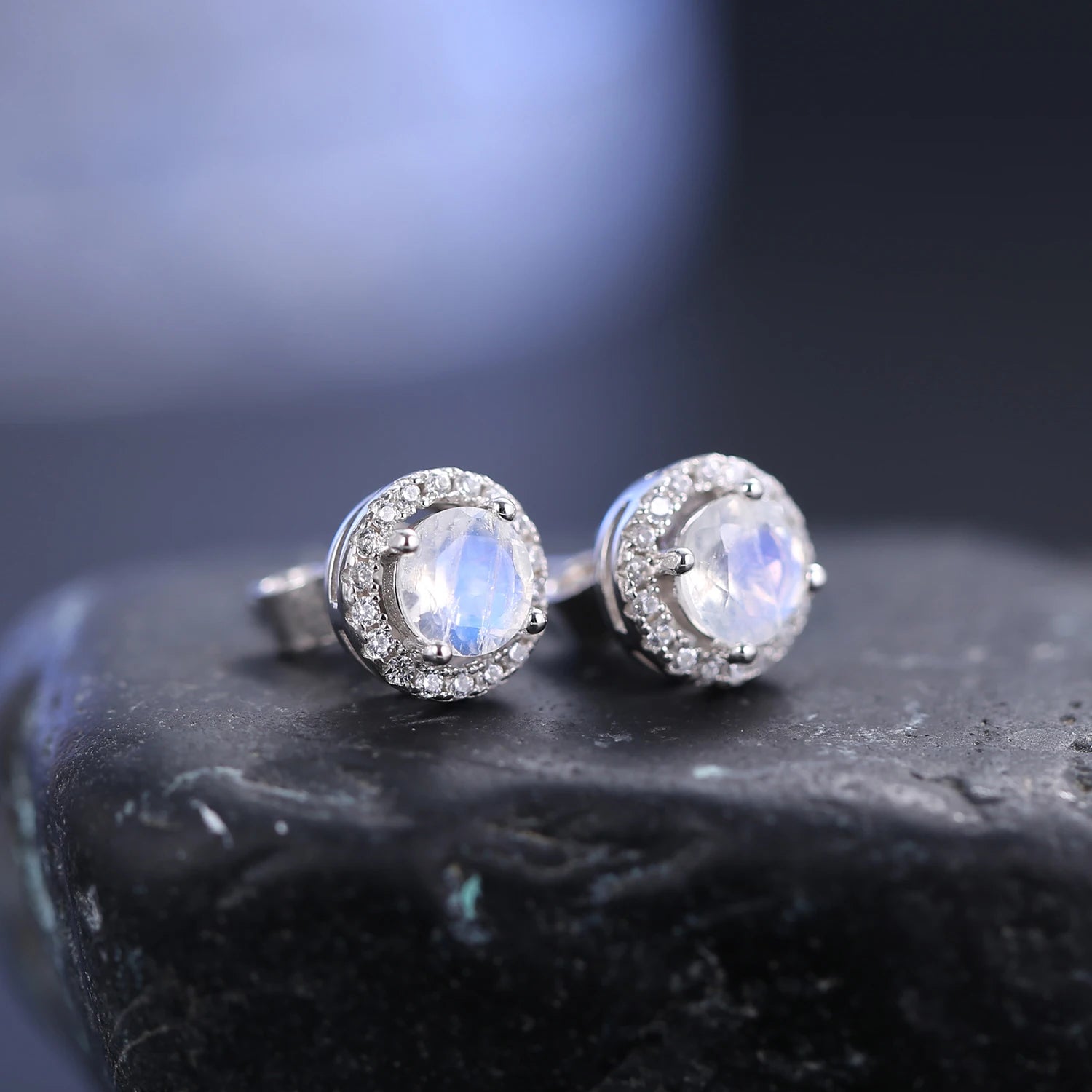 Choosen Jewelry 925 Sterling Silver Minimalist 5mm Milky Blue Moonstone Stud Earrings - June Birthstone