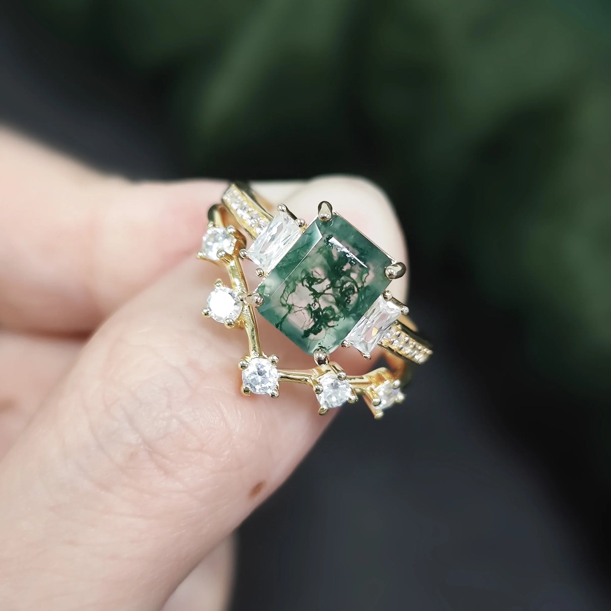 Emerald Cut Moss Agate Engagement Ring Set in Gold - 925 Sterling Silver, with Emerald and Round Cut CZ Side Stones, Moss Agate Promise Ring Set for Women