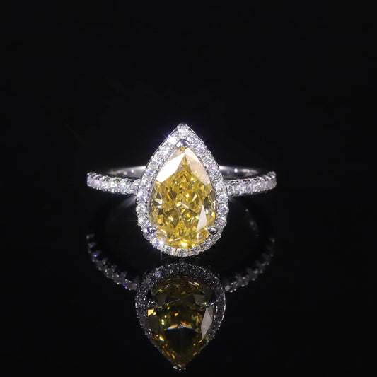 Choosen Jewelry: Pear-Shaped Yellow CZ Halo Engagement Ring in 925 Sterling Silver