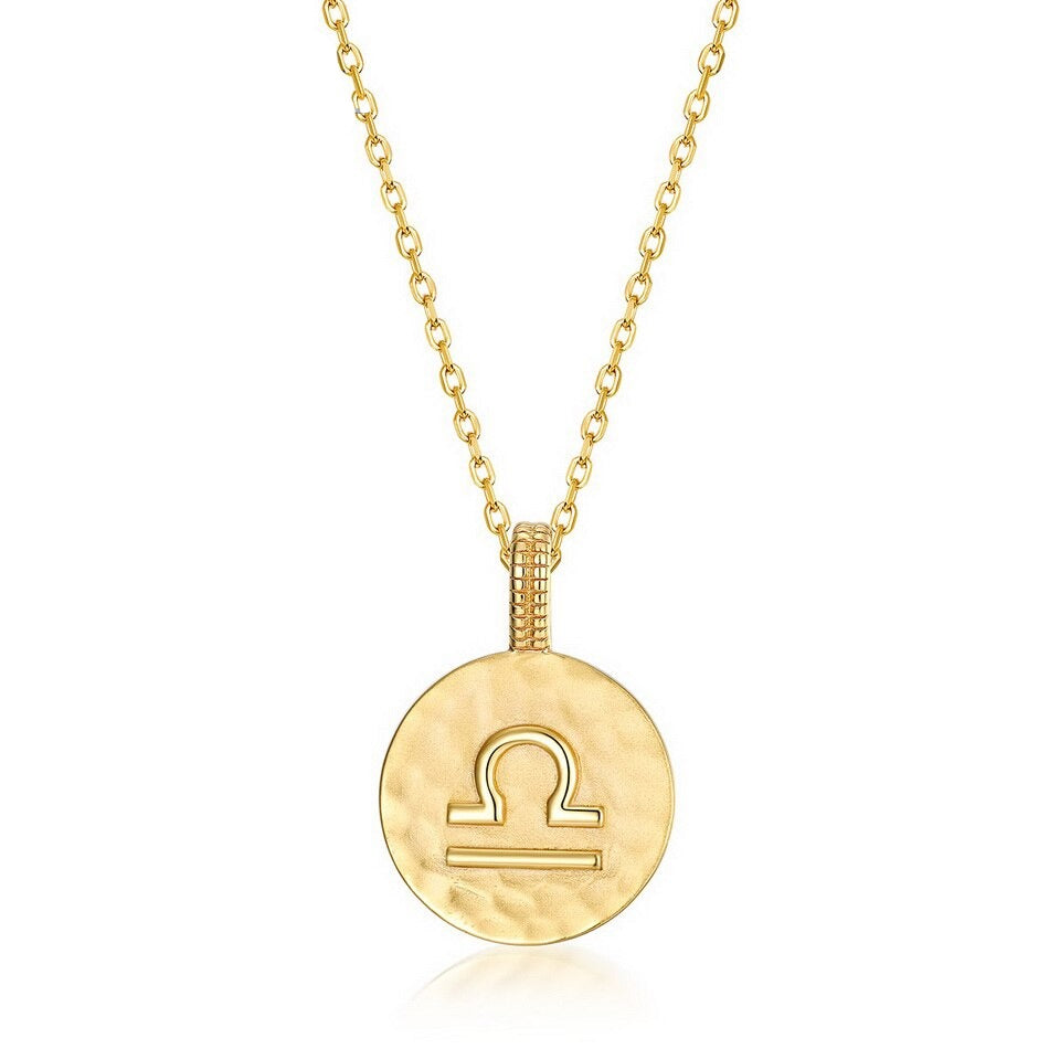 Zodiac Sign Coin Necklace, 12 Constellation Pendant, 10K Gold Plated