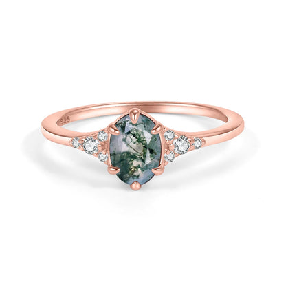 Oval Cut Moss Agate Cluster Engagement Ring Set in Rose Gold - 925 Sterling Silver, with Round Cut CZ Side Stones, Moss Agate Curved Promise Ring Set for Women