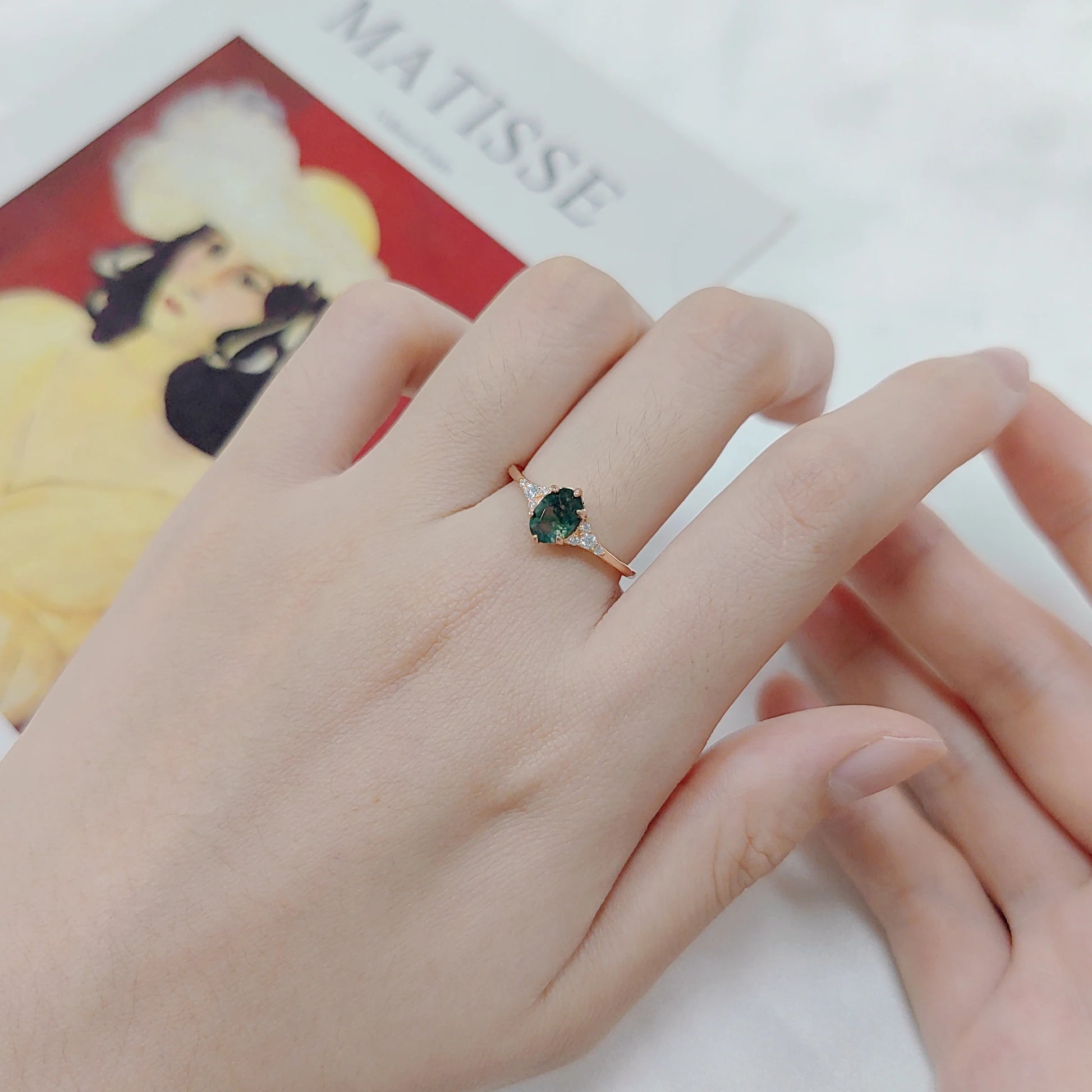 Oval Cut Moss Agate Cluster Engagement Ring Set in Rose Gold - 925 Sterling Silver, with Round Cut CZ Side Stones, Moss Agate Curved Promise Ring Set for Women