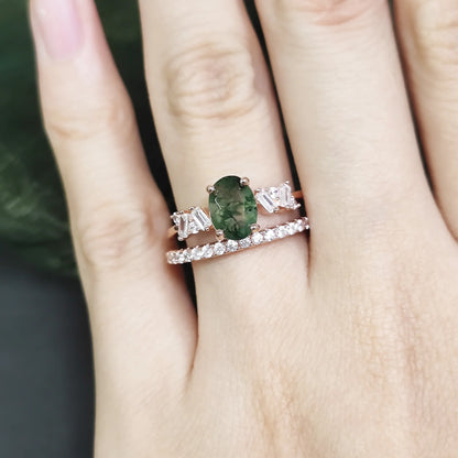 Oval Moss Agate Engagement Ring Set in Rose Gold - 925 Sterling Silver, with Emerald Cut CZ Side Stones, Moss Agate Promise Ring Set for Women