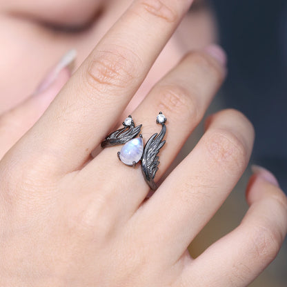 Exquisite Adjustable Angel Wing Moonstone Ring with CZ in 925 Sterling Silver - Elegant Handmade Jewelry - Perfect Gift for Women