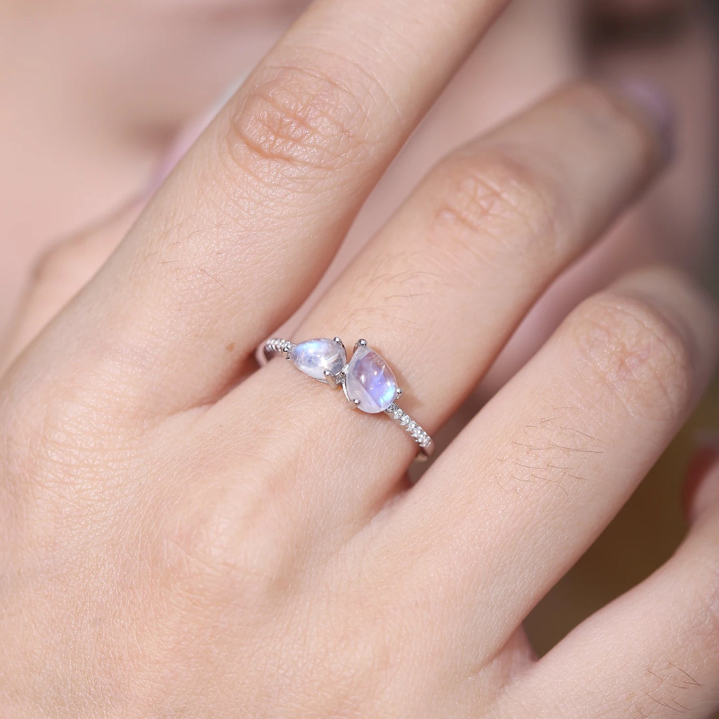 Rainbow Moonstone Gemstone Ring in 925 Sterling Silver with CZ Side Stones - 5*7 mm Pear Cut | Elegant June Birthstone Jewelry, Ideal Moonstone Gifts