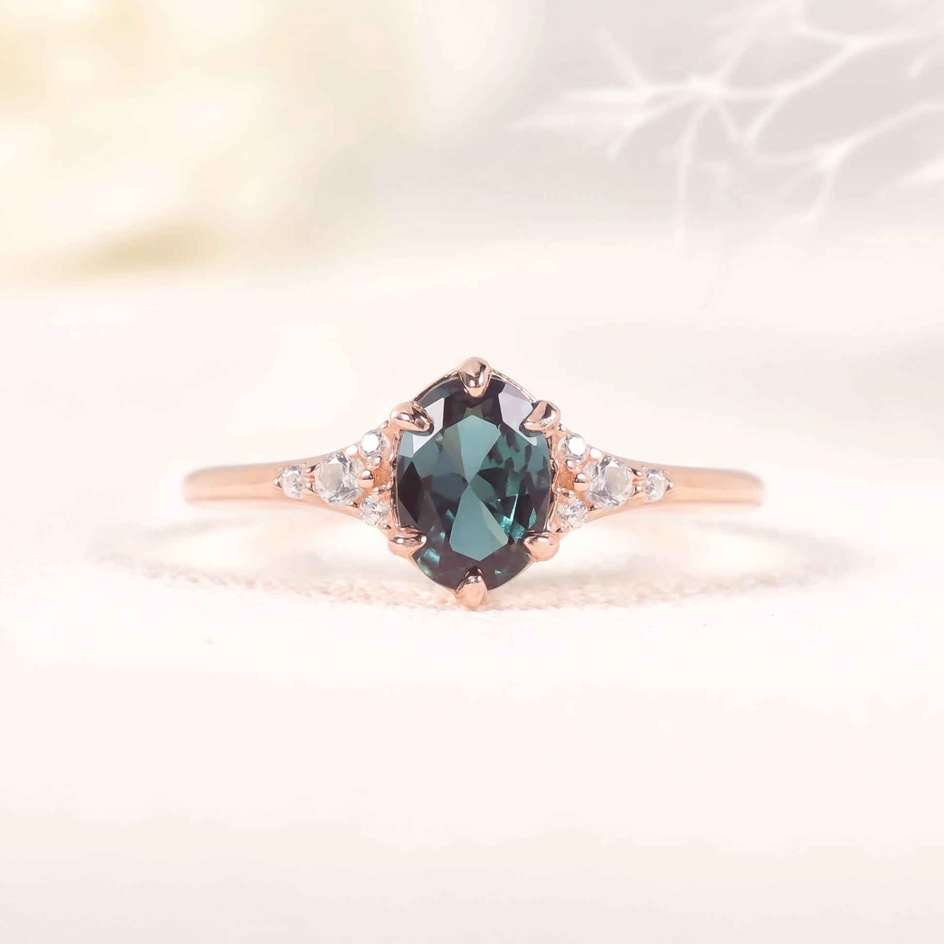 Choosen Jewelry: 925 Sterling Silver Oval Alexandrite Engagement Ring with Rose Gold Plating