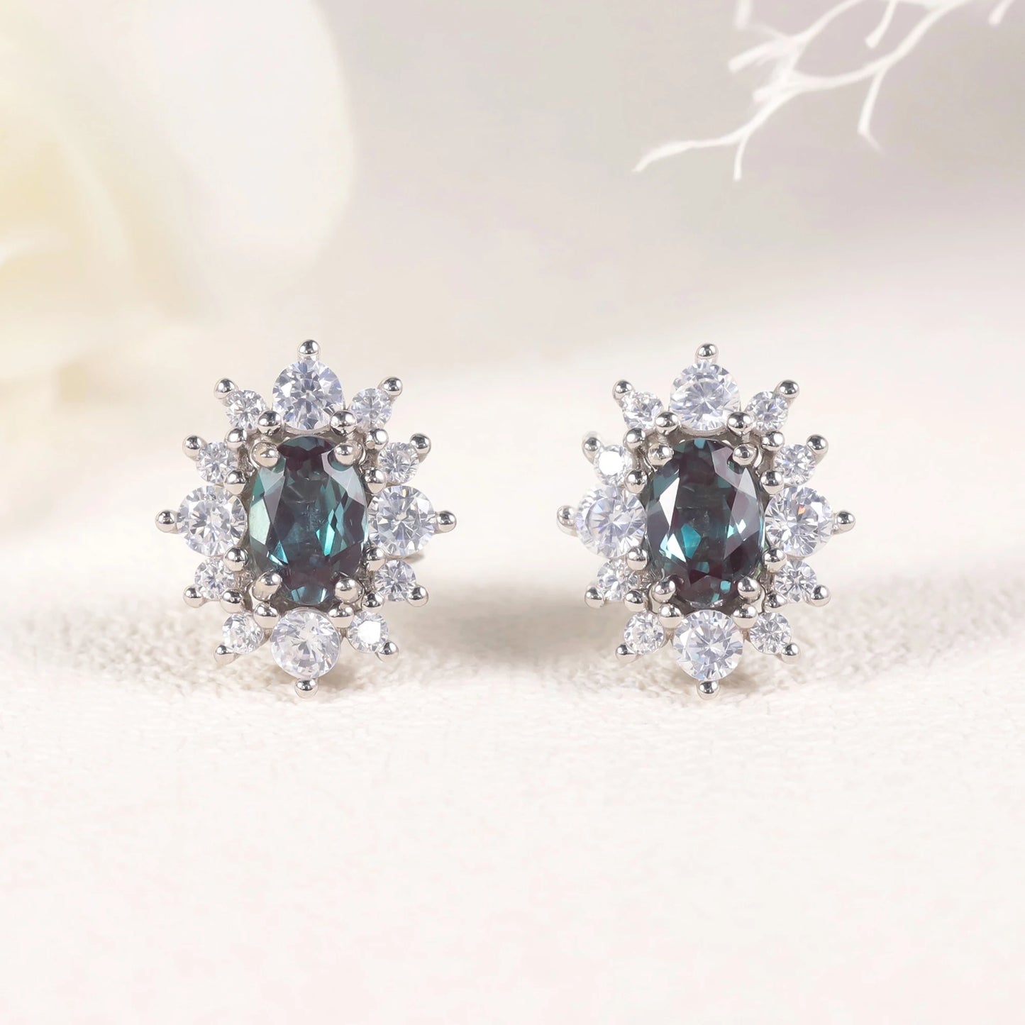 925 Sterling Silver Halo Stud Earrings with Lab Alexandrite - Choosen Jewelry