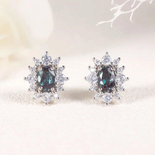 925 Sterling Silver Halo Stud Earrings with Lab Alexandrite - Choosen Jewelry