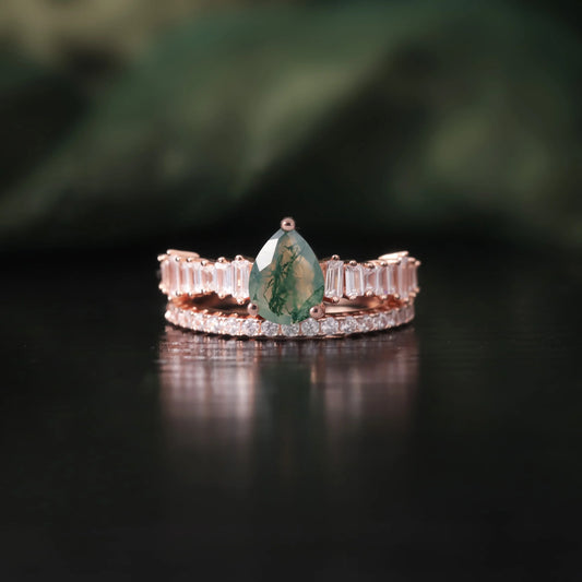 Pear Cut Moss Agate Pave Engagement Ring Set in Rose Gold - 925 Sterling Silver, with Emerald Cut CZ Side Stones, Moss Agate Promise Ring Set for Women