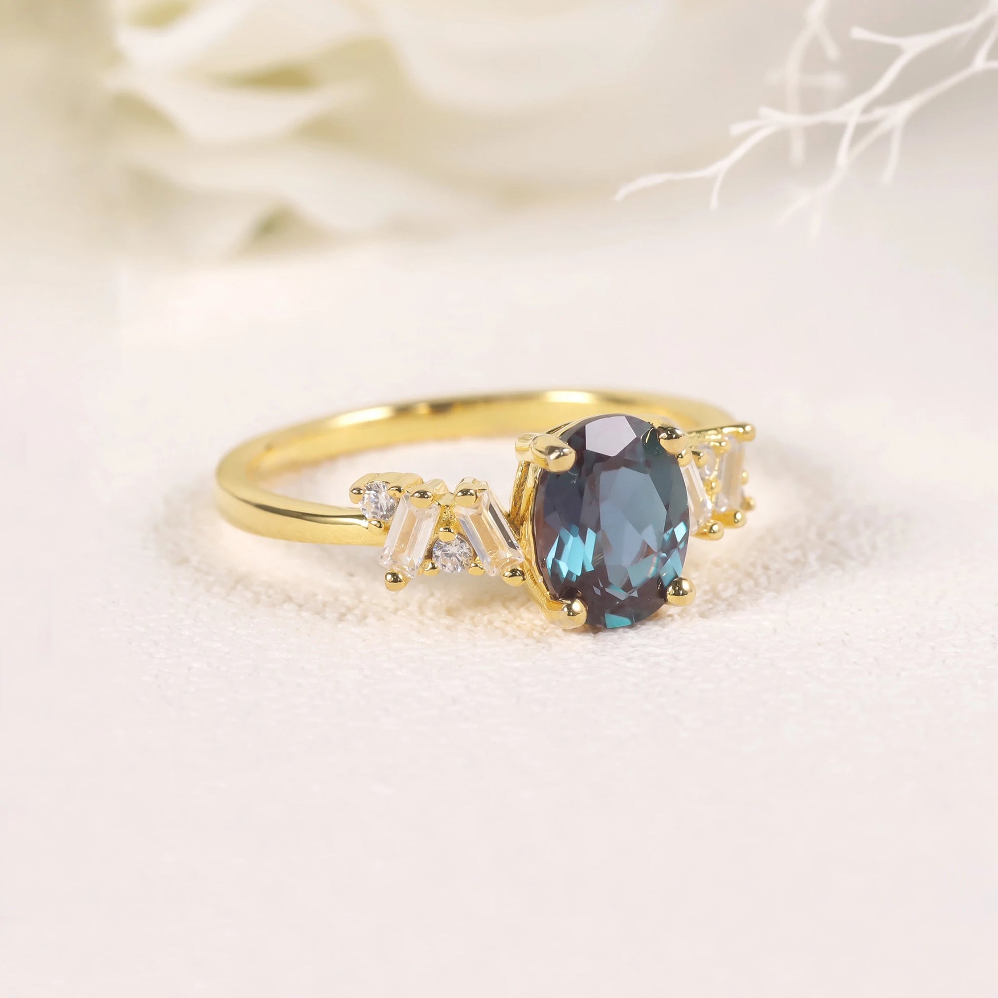 Choosen Jewelry Oval Cut Alexandrite Engagement Ring | 14K Gold Plated Silver | Color-Changing June Birthstone