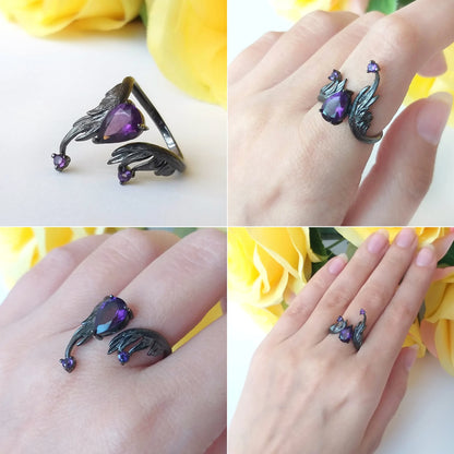 Natural Amethyst Angel Wing Ring - 925 Sterling Silver Adjustable - Choosen Jewelry