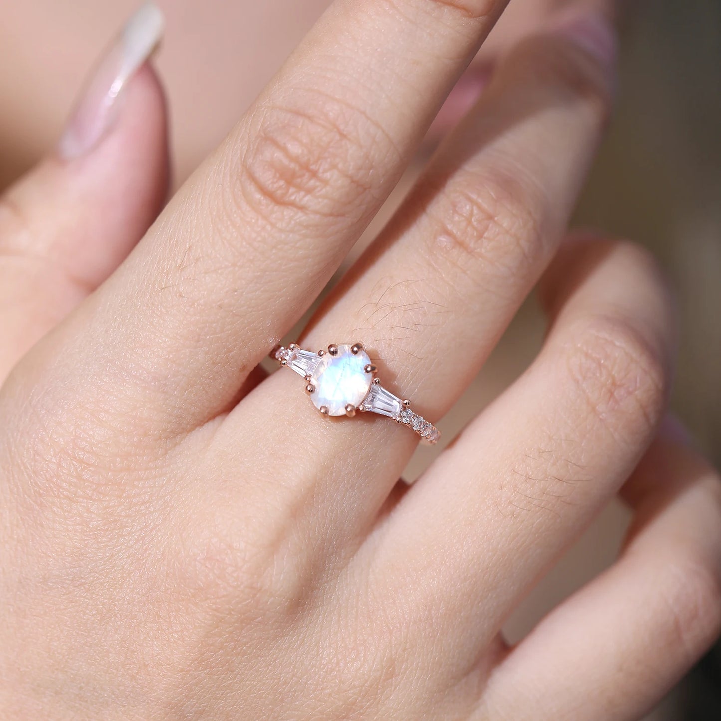 Vintage Moonstone Three-Stone Engagement Ring - 925 Sterling Silver - Choosen Jewelry