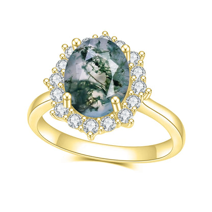 Oval Cut Moss Agate Halo Engagement Ring Set in Gold - 925 Sterling Silver, with Round Cut CZ Side Stones, Moss Agate Curved Promise Ring Set for Women