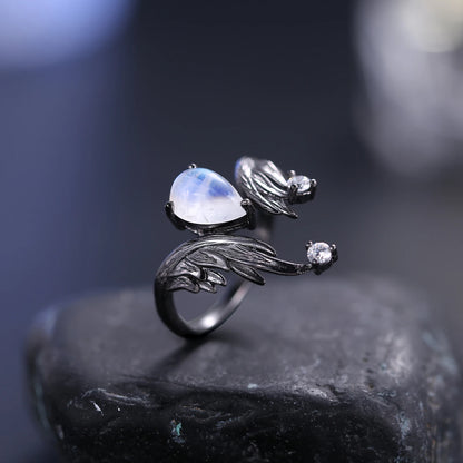 Exquisite Adjustable Angel Wing Moonstone Ring with CZ in 925 Sterling Silver - Elegant Handmade Jewelry - Perfect Gift for Women