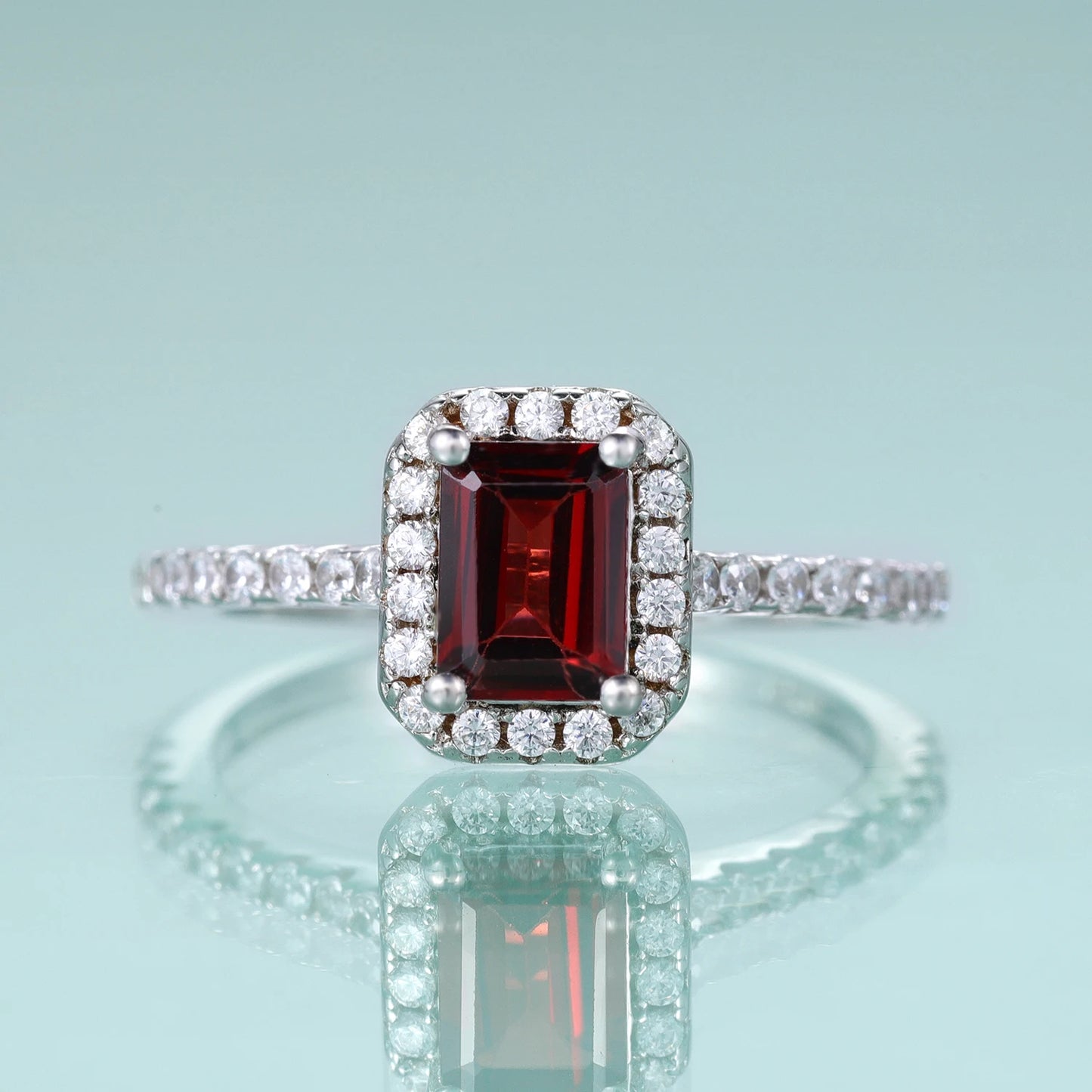 Choosen Jewelry: Emerald Cut Garnet Halo Engagement Ring Set in Sterling Silver