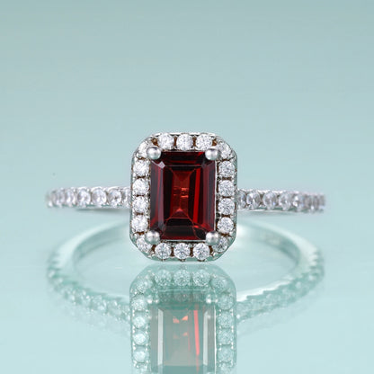 Choosen Jewelry: Emerald Cut Garnet Halo Engagement Ring Set in Sterling Silver