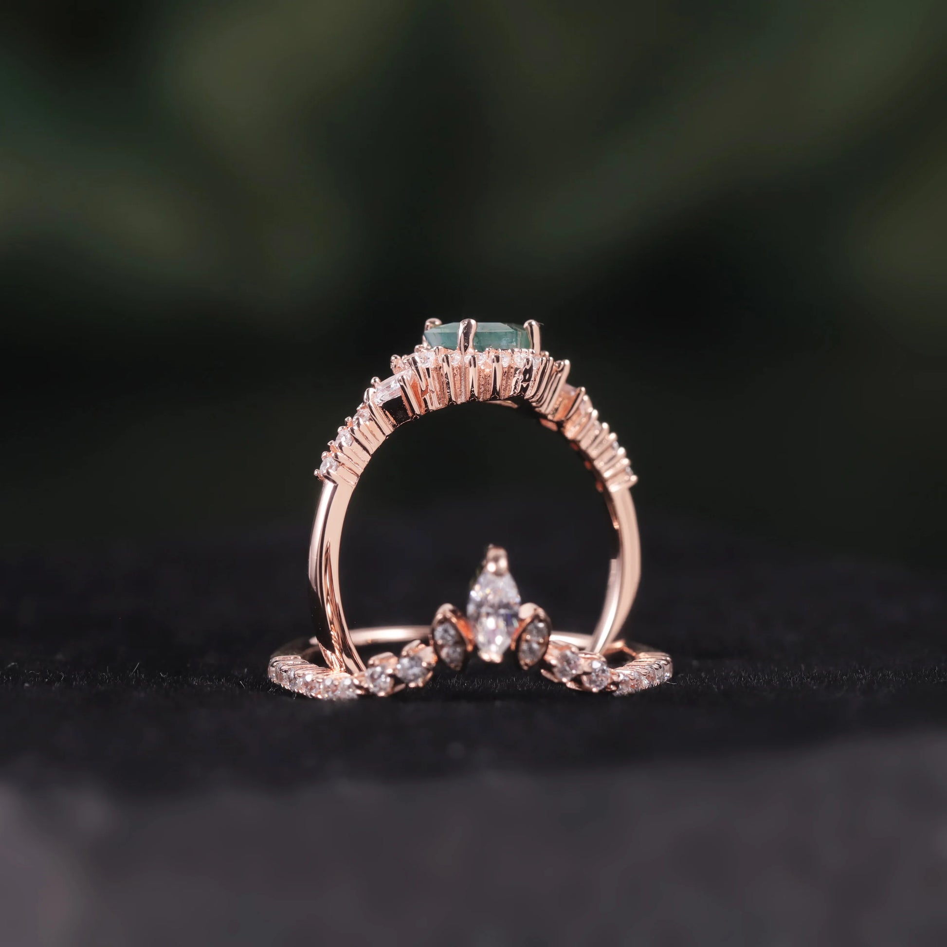 Princess Cut Moss Agate Halo Engagement Ring Set in Rose Gold - 925 Sterling Silver, with Marquise and Round Cut CZ Side Stones, Moss Agate Promise Ring Set for Women