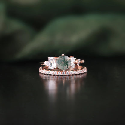 Round Cut Moss Agate Pave Engagement Ring Set in Rose Gold - 925 Sterling Silver, with Emerald and Round Cut CZ Side Stones, Moss Agate Promise Ring Set for Women